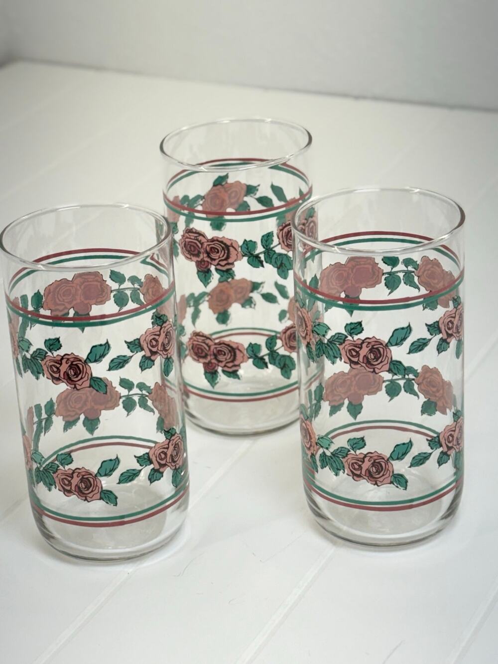 Vintage 80s Libbey Pink Rose Floral Tumblers Set of 3 Glasses 6" Tea Juice